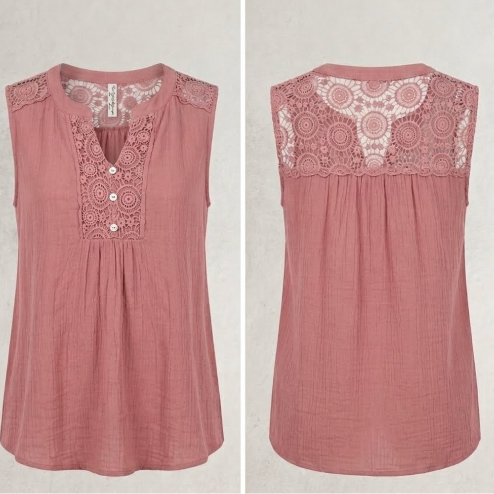 Boho Lace-Yoke Mauve Sleeveless Top